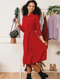 French Style Dotted Red Long Sleeve Shirt Dress