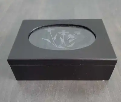 Small Black Jewelry Box 6 1/4" L x 4 1/4" W 2 1/4 H If posted - still available
