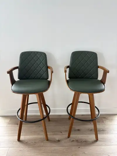Brand New Set of 2 Swivel Bar Stools – Green & Wood, View more