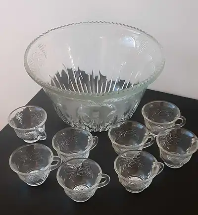 Glass Punchbowl w/ glasses, View more