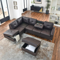 Leather sectional sofa with ottoman for sale.