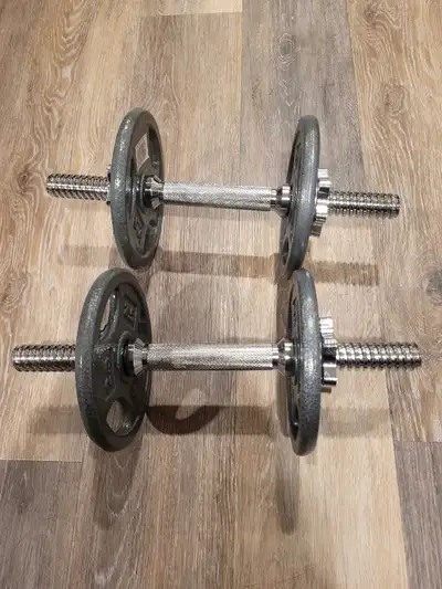 Clean adjustable dumbbell set. Has two handles and multiple weight plates of 2.5 lbs. Comes with sta...