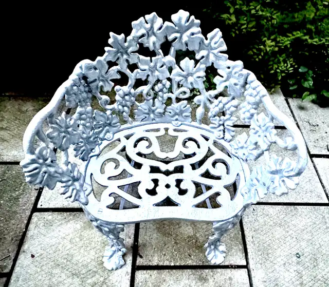 4 Piece Set of Silver Vintage Cast Iron Chairs, Bench, & Table in Patio & Garden Furniture in Norfolk County - Image 3