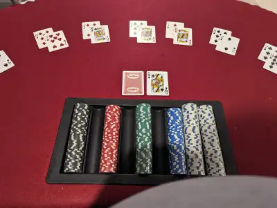 Red Blackjack/poker table comes with all denomination chips, Acrylic Shoe Holds 6 decks, Cards.