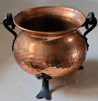 Vintage Hammered Copper Pot Kettle Cauldron Wrought Iron Handle 