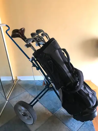Ensemble complet de 12pieces de golf Wilson pour adulte droitier avec sac et chariot, en très bon ét...