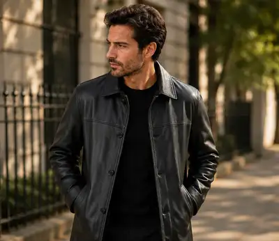 Men’s Classic Black Leather Coat, View more