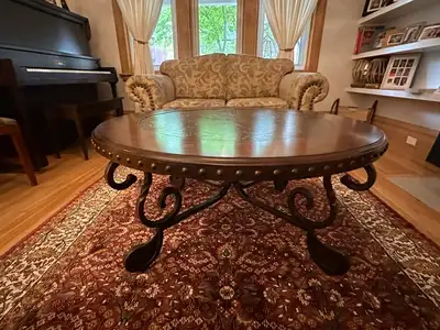 Elegant Round Coffee Table 42" with Wrought Iron Base - $125 OBO, View more