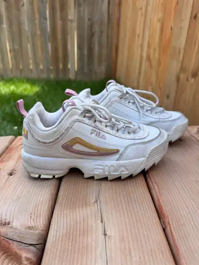 FILA Disruptor II Shoes / Sneakers Color: White with Gold and Pink Size Size: U.S. 5.5 Women. EUR 38...