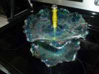 2 TIER BLUE CARNIVAL GLASS CANDY DISH