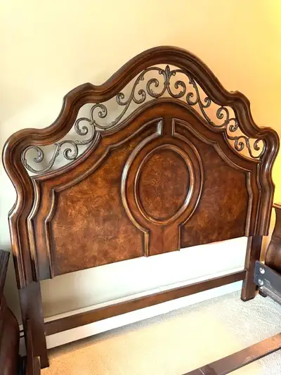 Elegant Queen Size Bed--Solid Wood w Wrought Iron Inserts, View more