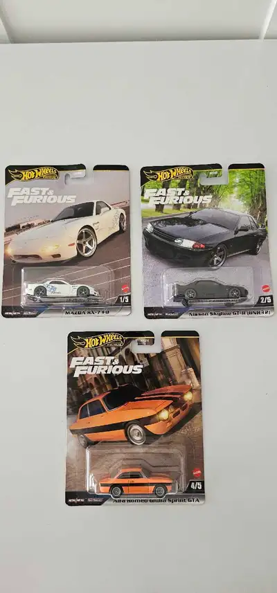 HOT WHEELS FAST & FURIOUS PREMIUM $40 SET INCLUDES: MAZDA RX-7 FD NISSAN SKYLINE GT-R BNR32 ALFA ROM...