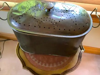 Antique Two Handled Perforated Copper Boiler with a Lid, View more