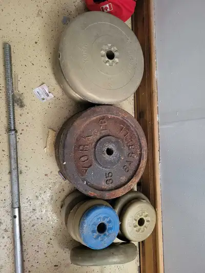 5ft bar, 4 35lb steal plates, 2 25lb plastic coated plates, and other assorted plates.