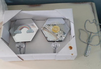 Trio of wall coat hooks sun rainbow clouds tulip mirror silver