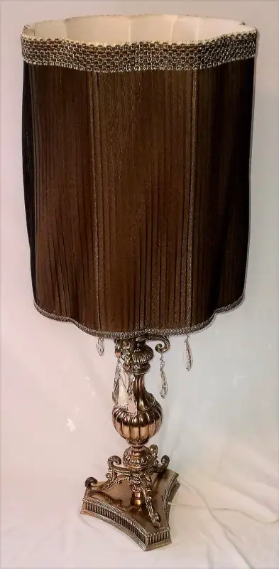 For sale is a fabulous, tall Ornate Vintage Cast Metal Table Lamp with Scalloped Fabric and Tulle Sh...