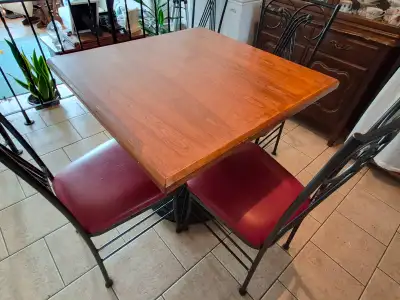 Square wood dining table with 4 metal chairs, View more