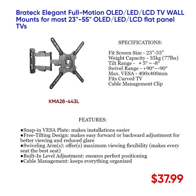TV WALL BRACKETS, NON TILTING, TILTING, CEILING, FULLMOTION in General Electronics in Mississauga / Peel Region - Image 3