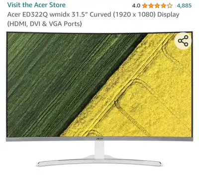 This is a new Acer Curved Monitor. - 31.5 Curved Full HD (1920x1080 @ 60Hz) - Contrast Ratio (ACM, D...