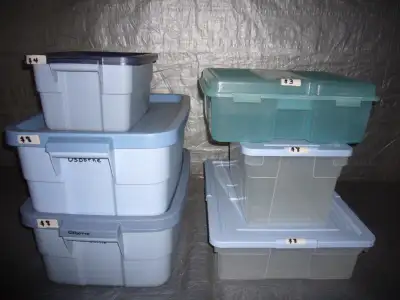 Rubbermaid Totes -all with Lids: 1. Blue Roughneck - 16" x 10 1/2" x 7 1/2" = $4.00 2. Blue Roughnec...