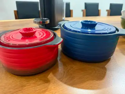 QUEEN MADE Ceramic Mini Casserole Dish Set of 2 Red and Blue Bow, View more