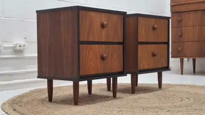 Pair of mid-century walnut nightstands, bedside tables , View more
