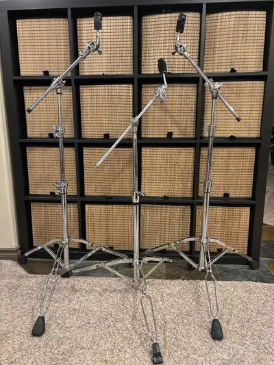 Three Pearl double braced boom cymbal stands. Priced in the ad, View more
