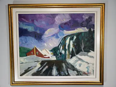 huile sur toile de Marcel H. Poirier ( Verdun 1946 – ) intitulée »L’Anse St-Jean » (Saguenay). Colle...
