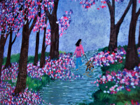Acrylic painting, Spring walk with dog under cherry blossoms