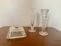 Glass Butter Dish and 2 small vases 