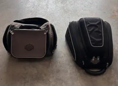 Two Harley luggage bags. Grey faded one $25. Black one $50. No tears or holes in them. Located in Fa...