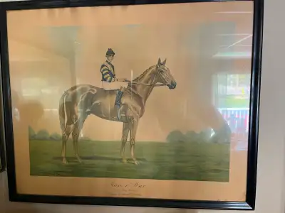 Man O War print. Framed, about 23" x 28" 100 yrs old. Good condition. Dirty glass. Scarce. $200 416...