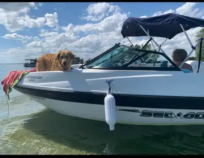 Sea-Doo Utopia 185, année 2004, blanc et bleu. Bateau à propulsion par jet, idéal pour le ski nautiq...