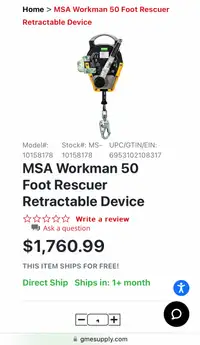 MSA Workman 50Foot RescuerRetractable Device Date Made/06/2020