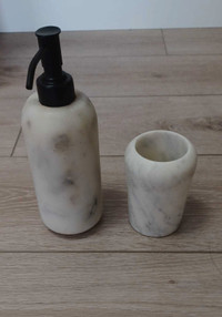Set of 2 - Real Marble Hand Soap Dispenser & Toothbrush Holder