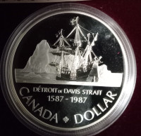 1587 - 1987 Proof Silver Dollar, Detroit de Davis Strait, (Ship)