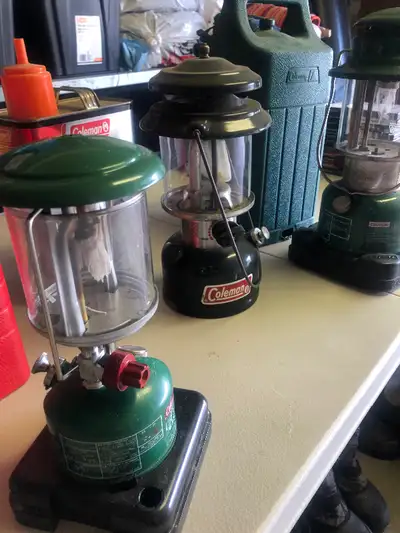 1 Coleman stove AVAILABLE $40 includes can gas and funnel 3 lanterns - 2 have carry gases - THE ONE...