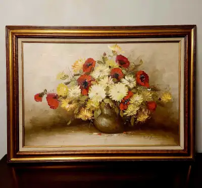 Framed oil painting featuring a vibrant bouquet, View more
