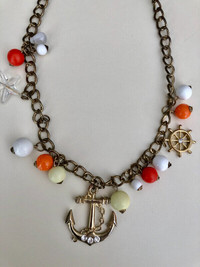 Nautical Theme Orange and White beaded Gold Necklace