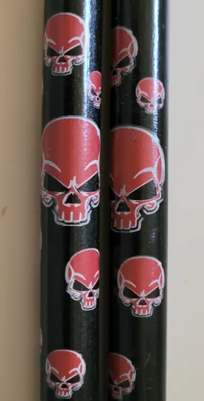 Vintage Rare Black Wood Drum Sticks with Red Skulls, View more