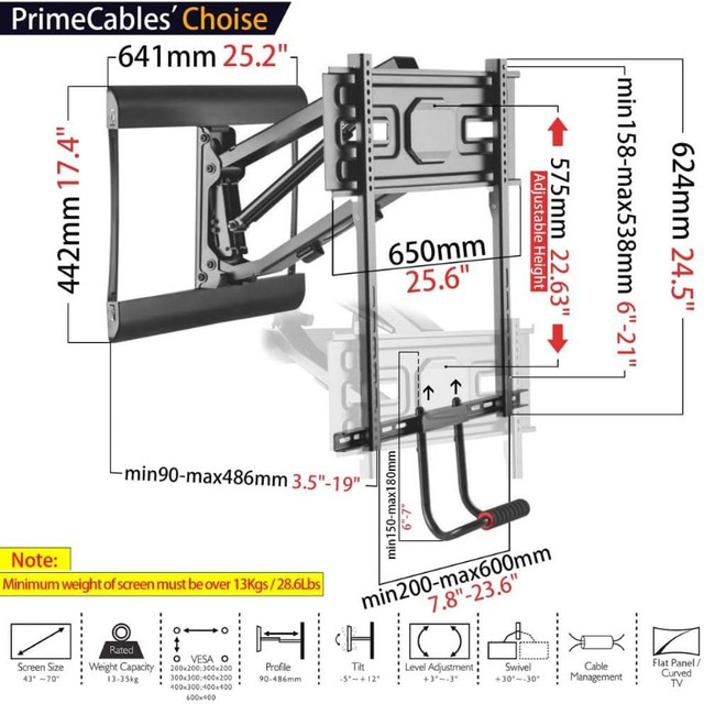 PrimeCables TV Wall Mount Above Fireplace Pull-Down Full-Motion in Video & TV Accessories in Burnaby/New Westminster - Image 3