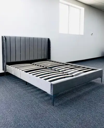 Premium Grey Velvet Bed Frame with Wingback Headboard, View more