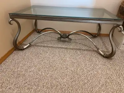 Brushed metal and glass coffee table. It is 48 inches long and 28 inches wide,
