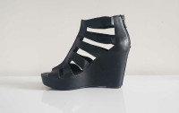 BCBG Black Leather Strappy Wedge Heels