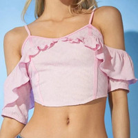 L | Cold Shoulder Ruffle Trim Crop Tee