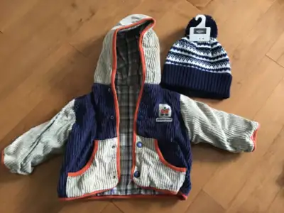 PLEASE MUM BRAND SIZE 6 MONTH REVERSIBLE LINED CORDUROY HOODED COAT / JACKET PLAID PRINT ON ONE SIDE...