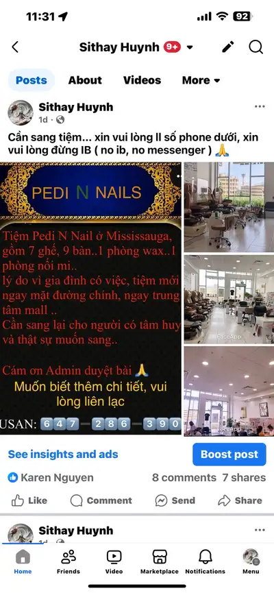 I want to for sale Pedi N Nail Salon in Mississauga, Salon including 7 chairs, 9 tables..1 room wax,...