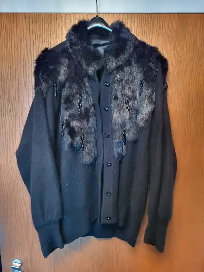 Beautiful Black soft Cashmere wool with Rabbit collar, shoulder and upper front. Very soft. Size med...