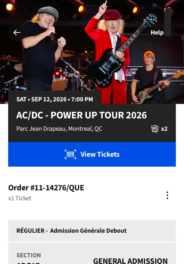 ACDC TICKET MONTREAL SEPT.12TH TO TRANSFER THROUGH EMAIL