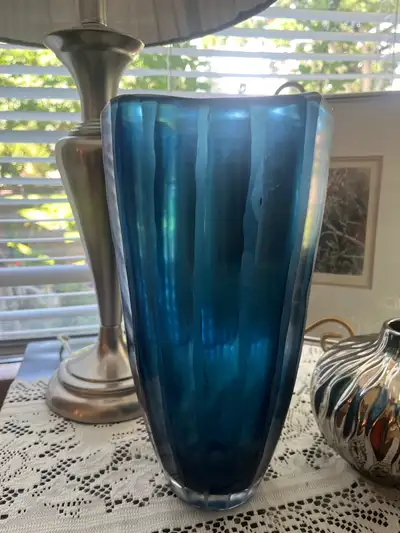 Heavy Blue Glass Vase, 11 inches tall, View more